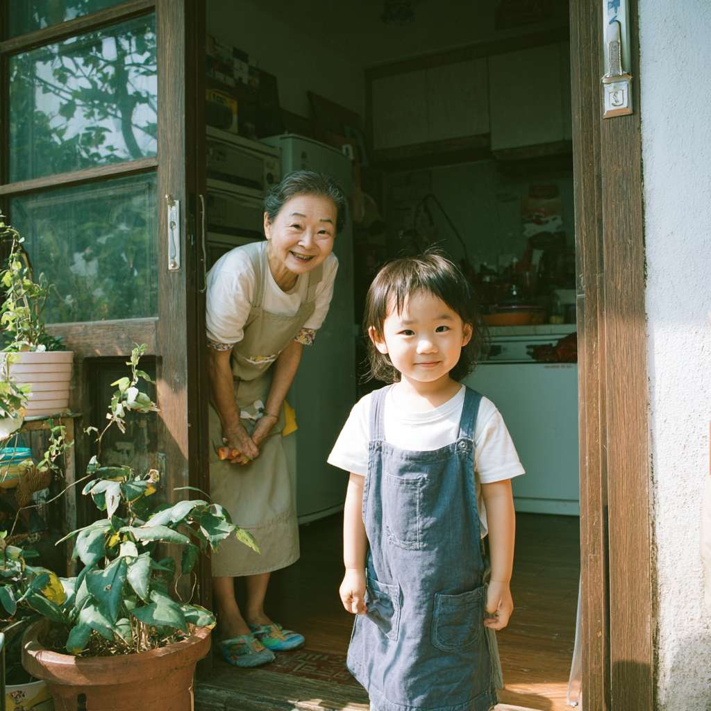 奶奶系着围裙从屋里走出，面带笑容，迎接孩子 --ar 1:1 --v 7 --stylize 100 --fast --no 水印