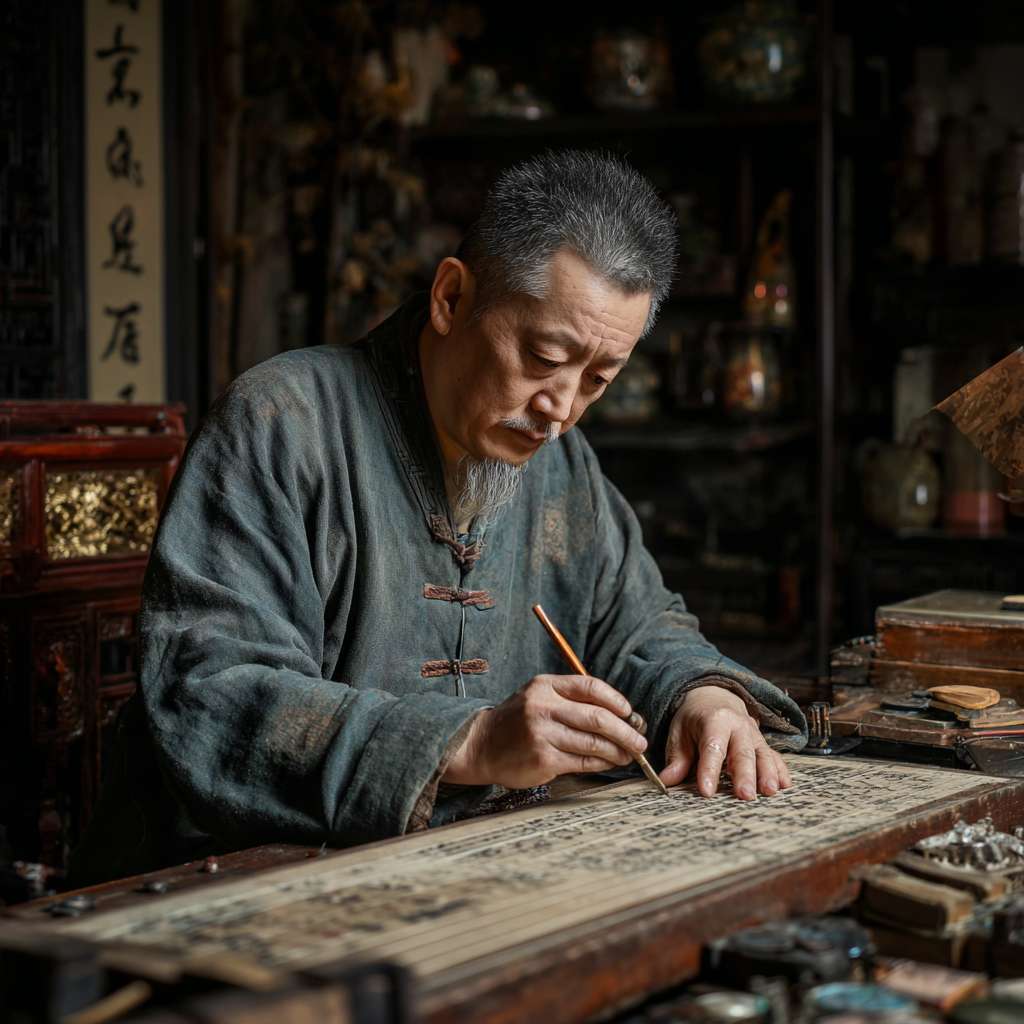 鹦鹉洲头，古色古香的桌案上，一只中年男人正在弹琴，视线在古琴跟手上，要能清楚看琴弦 --ar 1:1 --v 7 --stylize 100 --fast --no 水印