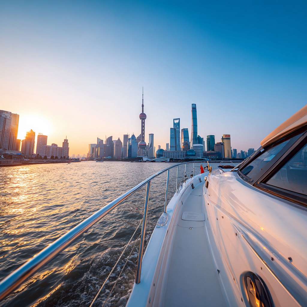 第三人称视角，精致的小型游艇在深蓝色黄浦江面上航行，游艇具有流线型设计、白色船体、小型甲板，巨大的黄色瓶子稳稳地放置在游艇的甲板上，瓶子底部与游艇甲板表面紧密接触，游艇的栏杆和甲板结构清晰可见，背景是东方明珠塔和陆家嘴CBD建筑群，整体暖色调 --ar 1:1 --v 7 --stylize 100 --fast --no 水印