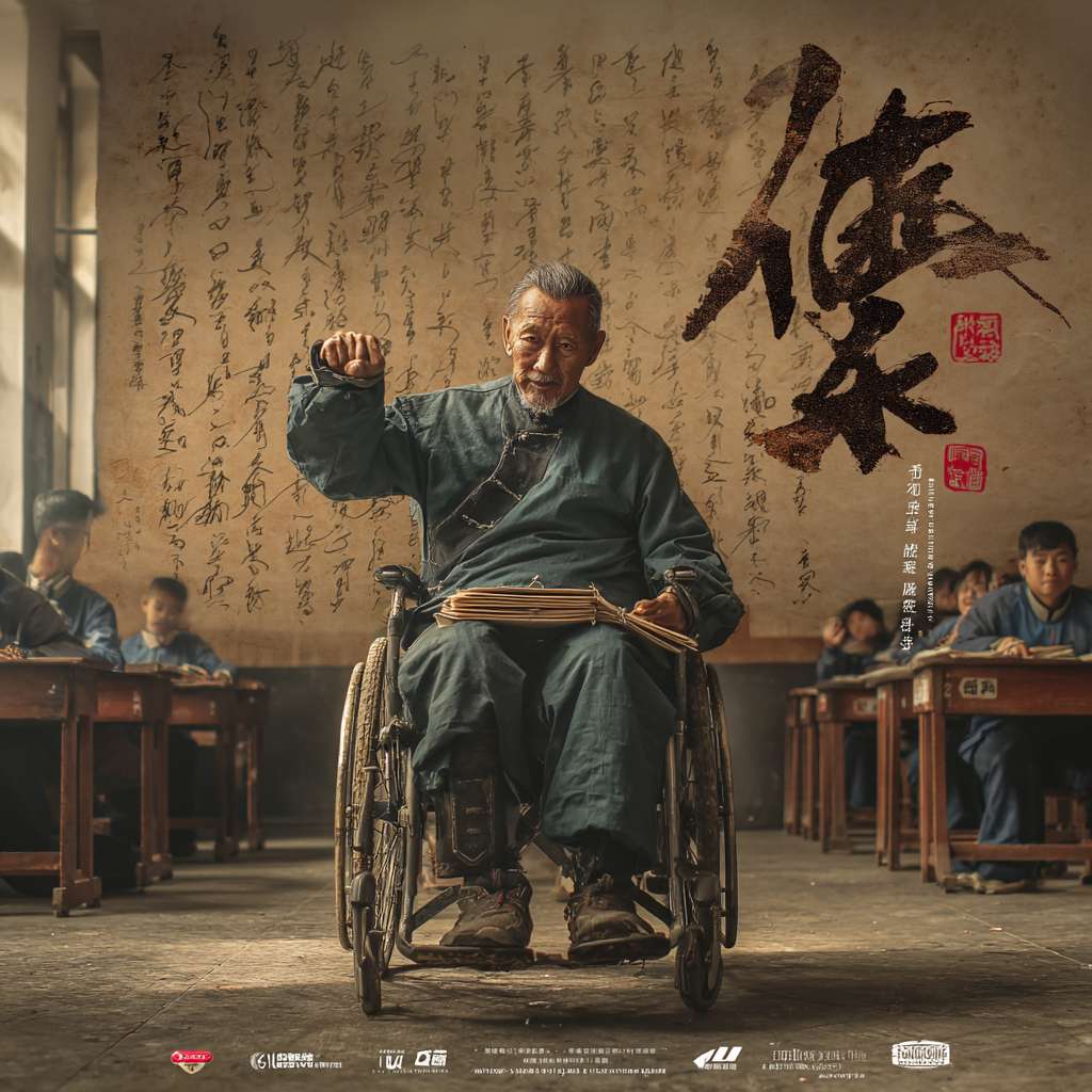 "一位瘦削的老人坐在轮椅上演示传统武术‘寸劲’，枯瘦的拳头击穿空气。他手中展开一本泛黄修补的拳谱，墨迹晕染的名字旁画着笑脸。聚光灯照亮学校讲台，背景是‘红色基因传承讲座’横幅。窗台的干艾草被掌声震落，飘散在他周围。穿蓝白校服的学生们专注凝望，有人挺直腰背。怀旧棕褐色调，电影级光影，飘落的艾草带动态模糊，4K写实。" --ar 1:1 --v 7 --stylize 100 --fast --no 水印
