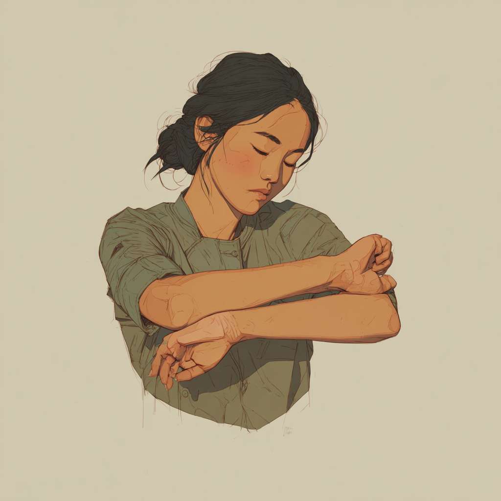 A picture of an Asian person peacefully slapping their cubital fossa --ar 1:1 --v 7 --stylize 100 --fast