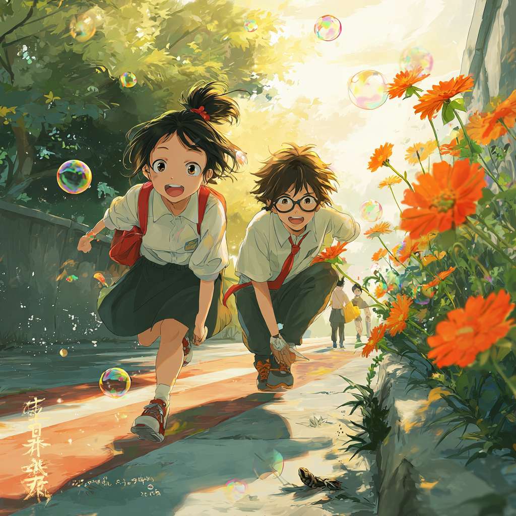 场景:晨雾初散的校园操场,阳光透过香樟树间隙洒在红色跑道上,形成斑驳光斑。
人物:扎着高马尾的女生正在跳绳,发梢扬起细碎金芒;戴眼镜的男生单膝跪地,指尖轻触跑道上爬行的蚂蚁,嘴角带笑;远处一群学生围成圈,将课本顶在头上玩平衡游戏,校服裙摆和衣角在风里轻轻扬起。
象征元素:跑道边绽放的向日葵(花盘转向阳光)、空中飘着的彩色泡泡(折射七彩光晕)、树梢栖息的麻雀(扭头望向喧闹的人群)。
色彩与光影:主色调为暖橙色(朝阳)+ 清新绿(草坪),阴影处用淡金色勾边,人物皮肤泛着健康的红晕,体现“如阳光般蓬勃”的生命力。
意境关键词:动态的活力(肢体语言)、对世界的好奇(微观观察)、集体游戏的纯粹快乐。 --ar 1:1 --v 7 --stylize 100 --fast --no 水印