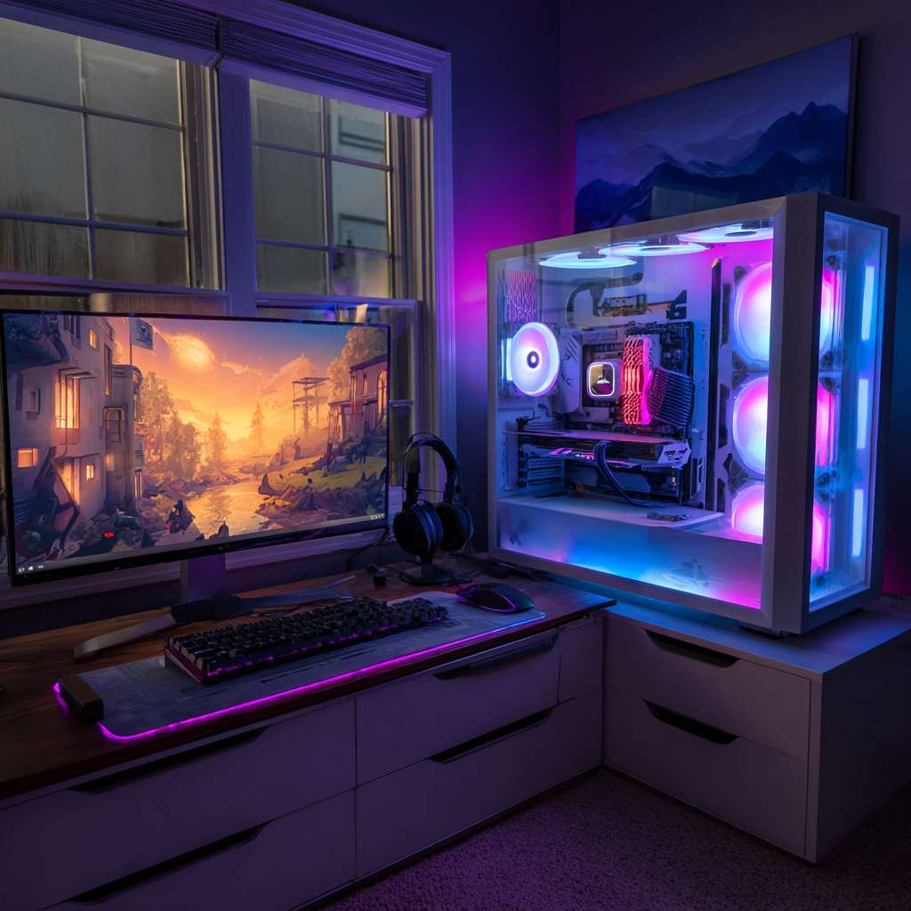 错了，机箱要海景房的样子，要放到电脑旁边。然后整体风格要像打游戏的，还要有灯光，时间是晚上。置物架要保留。 --ar 1:1 --v 7 --stylize 100 --fast --no 水印