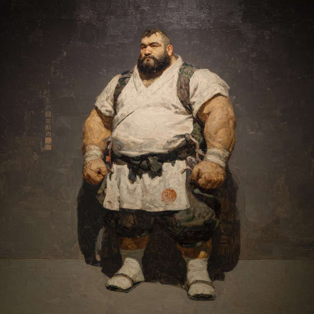 Chengdu muscular man with a round face, bearded, and wearing white socks --ar 1:1 --v 7 --stylize 100 --fast