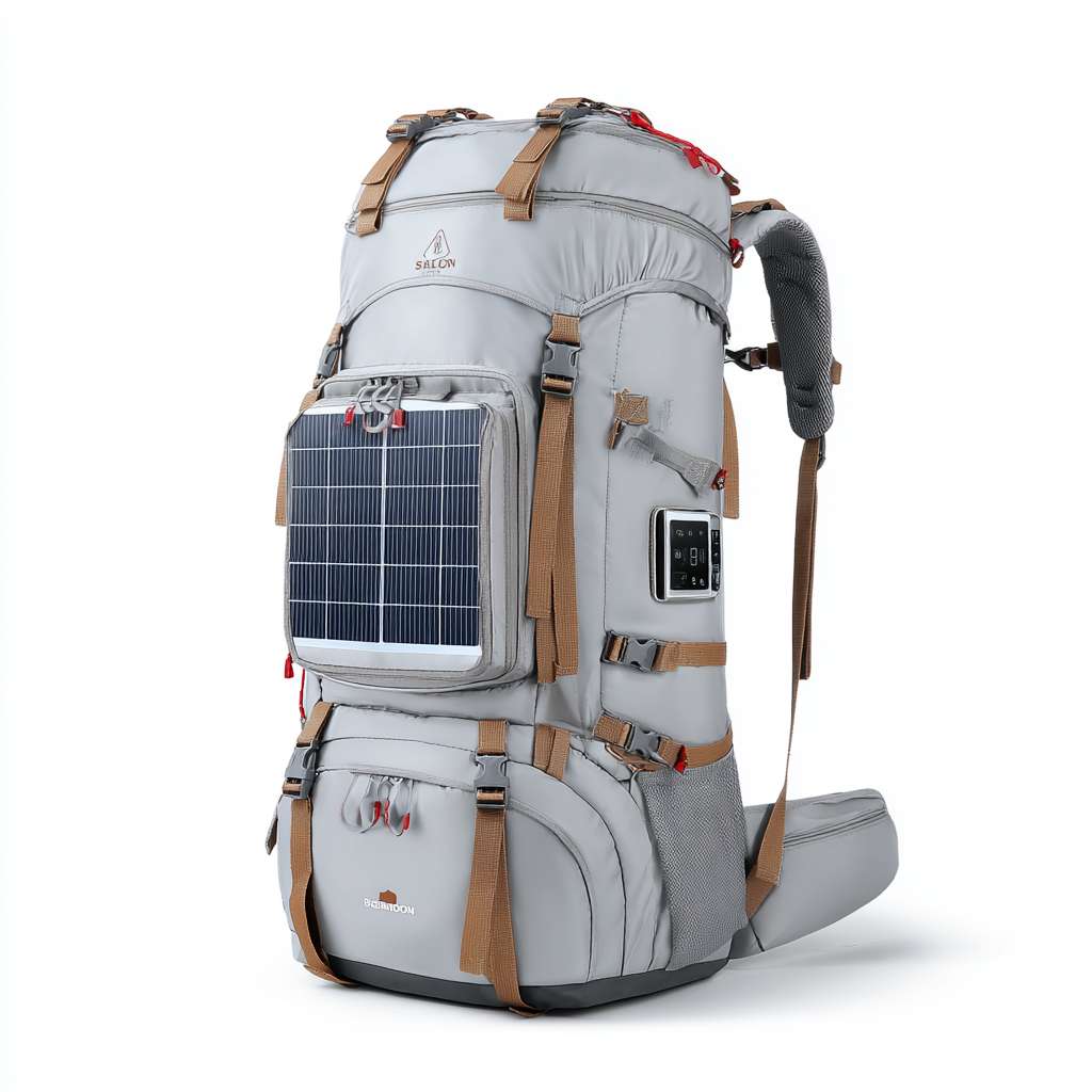 柔性太阳能板，柔软，太阳能板面积更大，与背包为”⾦属卡扣 + 磁吸双重固定“，太阳能板附带小屏幕显示电量，外有多个充电插口，应急灯，不要文字 --ar 1:1 --v 7 --stylize 100 --fast --no 水印