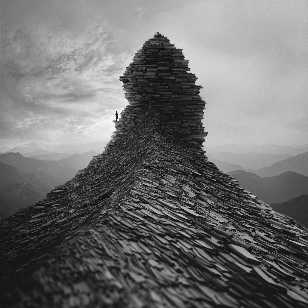 思维之峰：一座山的剪影，但山体是由层层叠叠的书籍或纸张构成。 --ar 1:1 --v 7 --stylize 100 --fast --no 水印