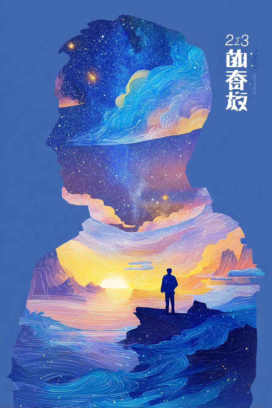 https://img-xpc-mj0.xpccdn.com/prod/upload/4dfeb8dd-245d-4783-9504-b11af8391cce/7aa9eafb5e50560f57ea6eadfa01c5dd.png~tplv-5yakomv5zn-auto-v1%3A1024%3A0%3Aq75.jpg 根据上传图片风格生成插画背景，不要人物，不要文字，以海洋陆地星空为主，反应人的成长与追求，人物为剪影背影 --ar 2:3 --v 7 --stylize 100 --fast --iw 1 --no 水印