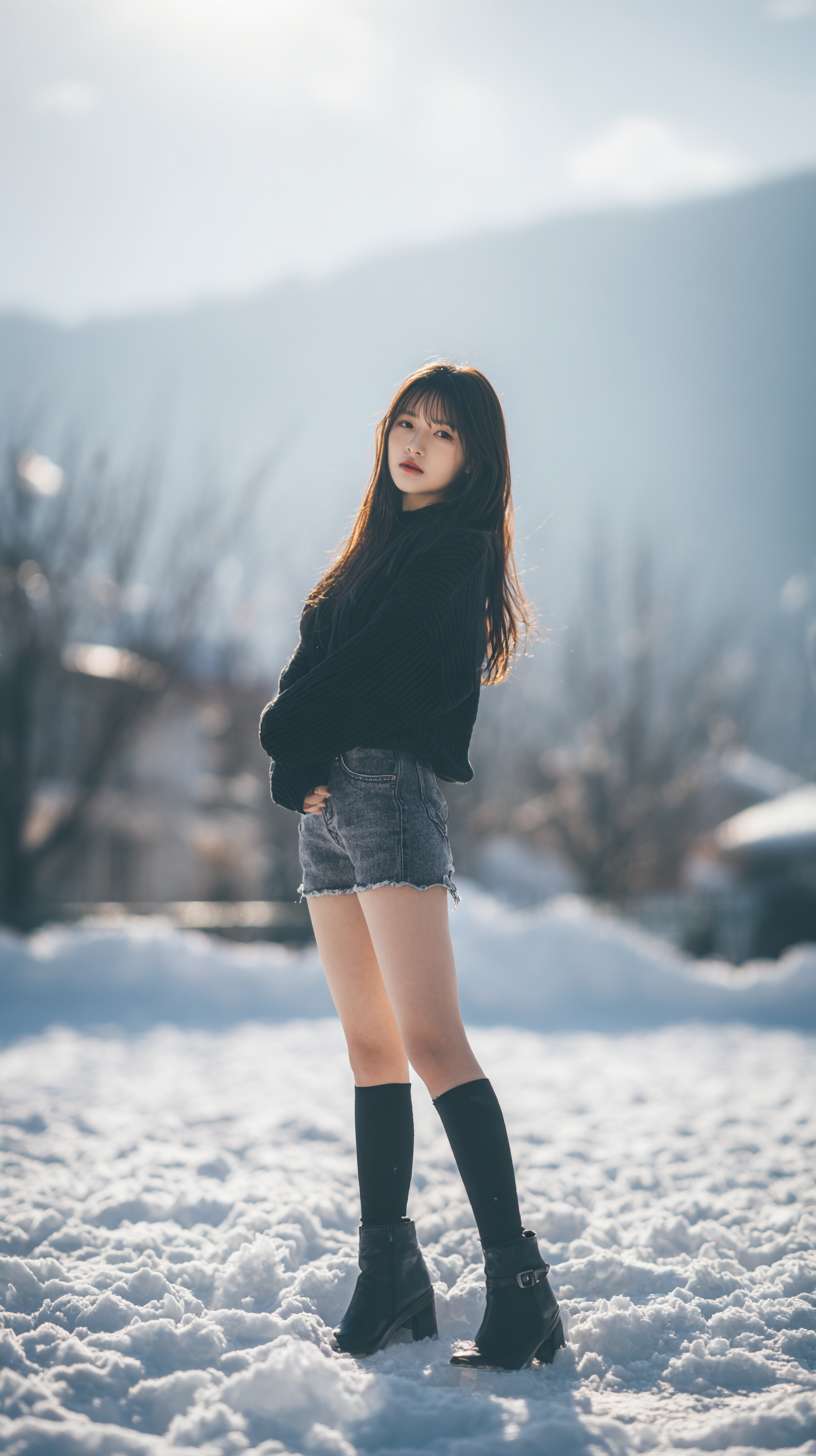 1个女孩，长发，黑发，短牛仔裤，长腿，高跟鞋，冬天，雪，雪地，雪山，光线 --ar 9:16 --v 7 --stylize 100 --fast --no 水印,水印