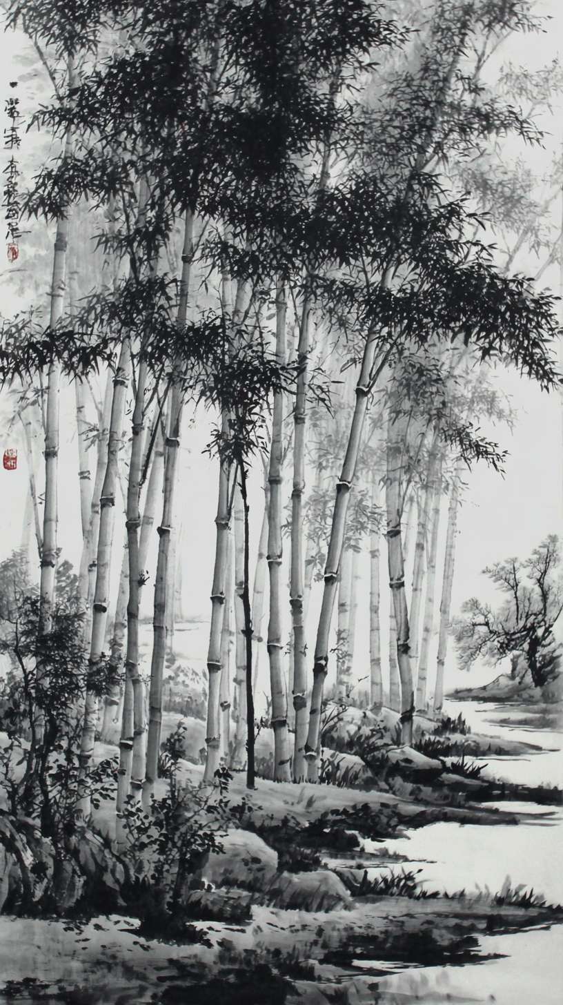 给我一张竹林，黑白水墨风，游戏背景，不需要文字 --ar 9:16 --v 7 --stylize 100 --fast --no 水印