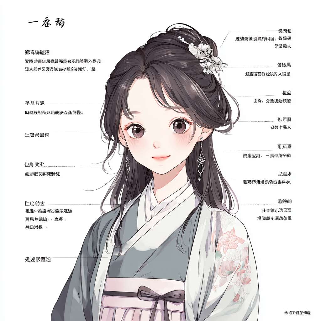 女性卡通形象：「灵动国风学伴」
外貌特征
发型：黑色中长发（长度到肩膀下 5cm），发尾微卷，左侧头发别一个「银色梅花造型发簪」（小巧精致，不占太多面积），刘海是空气刘海（现代流行发型）；
五官：圆脸蛋，杏眼（眼睫毛纤长，眼神温柔），粉色瞳孔，嘴角上扬（带点俏皮），鼻尖有一颗小小的痣（增加辨识度）；
身材：娇小匀称，穿偏柔美但不拖沓的服饰（符合少女感）。
服饰：传统元素 + 现代剪裁
上衣：改良款「旗袍式连衣裙」，长度到膝盖（方便活动），主体颜色为黛青 + 米白渐变，裙摆处有浅粉色「牡丹纹」印花（简化版，不密集），领口是现代圆领（替代传统立领，更舒适），袖口是灯笼袖（微宽松，带白色蕾丝边，增加少女感）；
外搭：一件短款白色针织开衫（衣摆处有红色「盘扣」两颗，对称设计）；
鞋子：浅粉色玛丽珍鞋（鞋头有一个小蝴蝶结，鞋跟处印着黑色「祥云纹」）。
配饰：中国符号 + 学习道具
手部：右手持一个「国风帆布包」（包身是米白色，印着英文短句 “Let’s talk!”，字体为手写体，周围绕着水墨小桃花图案），包带是红色粗绳；左手举着一张「英语单词卡」（卡片边缘是波浪形，底色为浅粉色，上面画着一个卡通苹果，旁边写 “apple - 苹果”）；
其他：耳朵戴一对「银色小灯笼耳环」（迷你尺寸，不晃荡），手指戴一枚浅粉色「玉髓戒指」（造型是小莲花，简单素雅）。2D --ar 1:1 --v 7 --stylize 100 --fast --no 水印