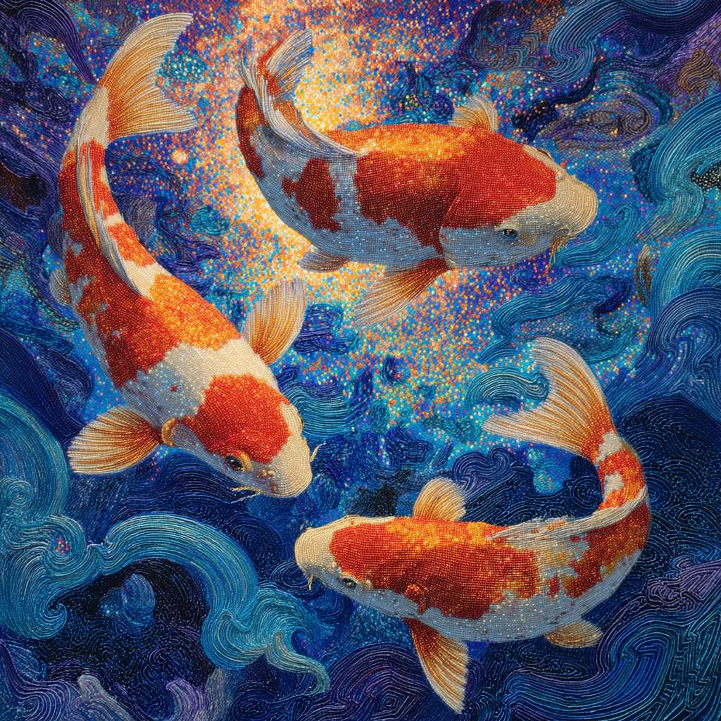 Surreal koi swimming amid blue water and colorful light splashes, 粗笔触 for waves, 细笔触 for iridescent details, lively oil. --ar 1:1 --v 7 --stylize 100 --fast --no 水印