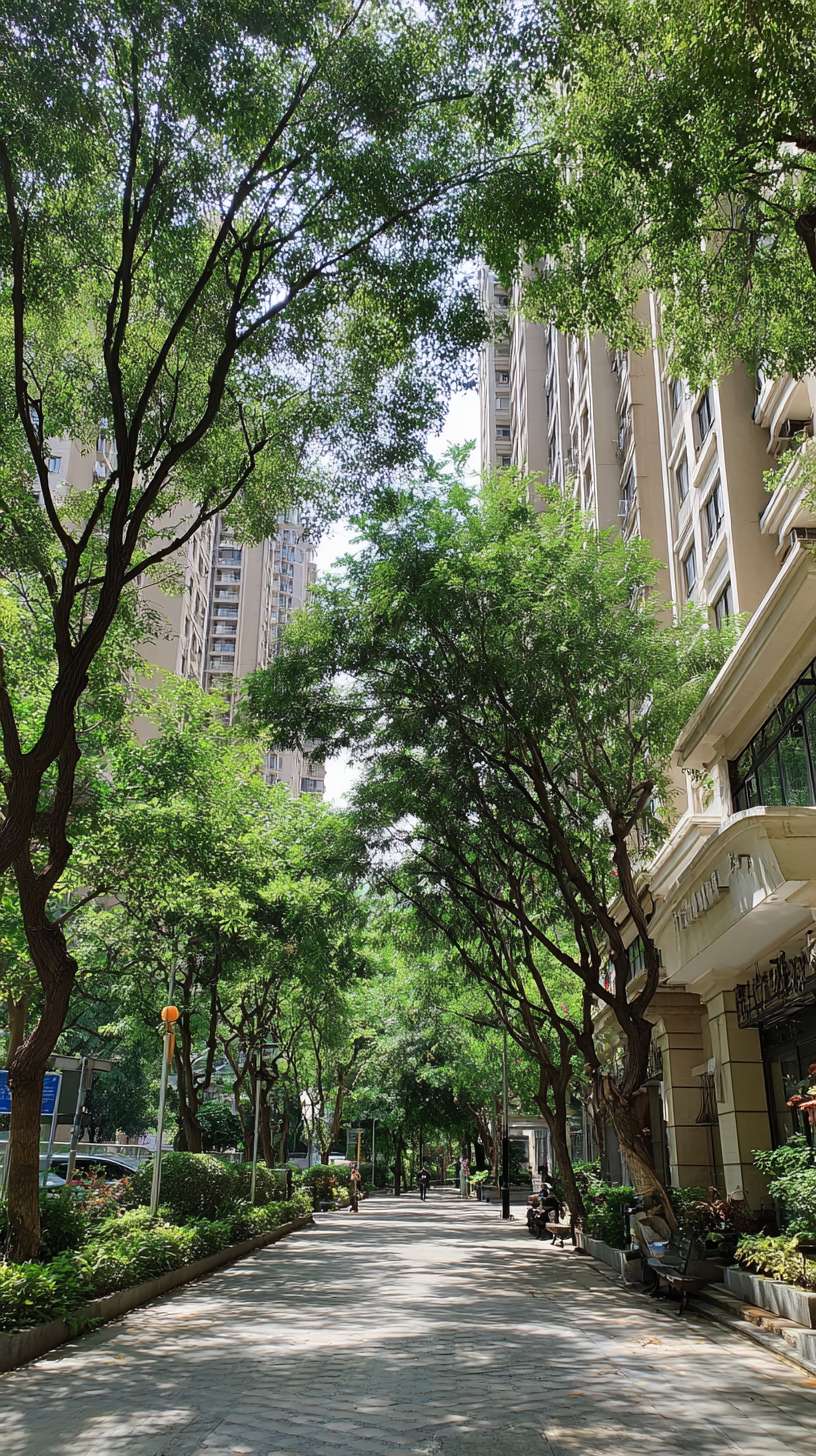 画面是充满生机的城市绿化景观：郁郁葱葱的行道树、小区内的绿荫、市民在树下休憩。 --ar 9:16 --v 7 --stylize 100 --fast --no 水印