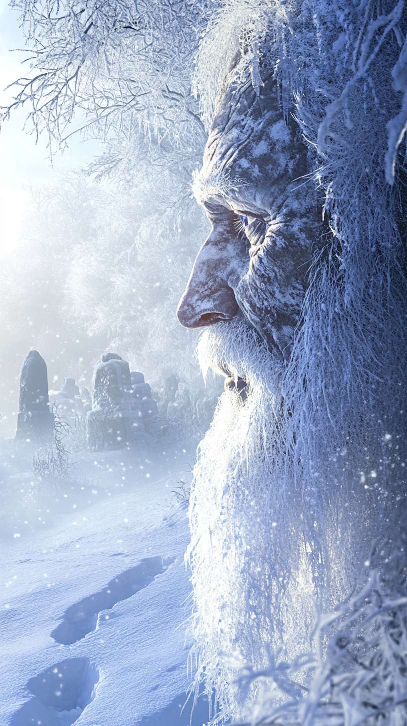 雪地白桦林纵深构图，暮年男子侧脸霜鬓特写，貂皮领冰棱反光，结冰酒壶折射虹彩。枯枝悬垂残破萨满面具，雪痕足迹指向远山墓群虚影，薄雾中浮现年轻盗墓队轮廓，漫画风格铅笔肌理 --ar 9:16 --v 6.1 --stylize 100 --fast