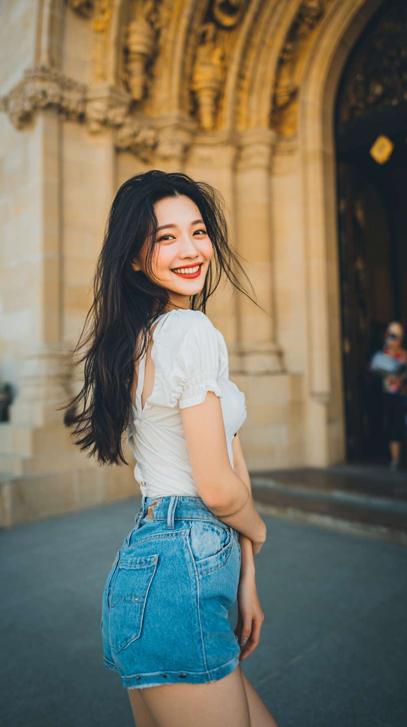 亚洲美少女，牛仔短裤，无袖吊带衫，马甲线，教堂门口大街，长发，微笑，酒窝，高清晰 --ar 9:16 --v 7 --stylize 100 --fast --no 水印,水印,水印,水印,水印