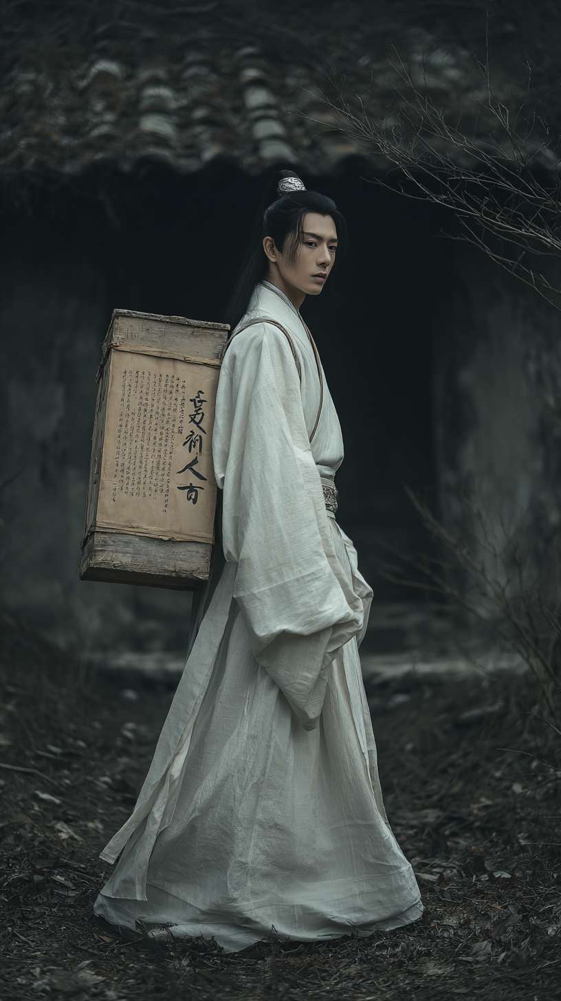 全景镜头：在深山里面，月光照亮着地面，一个身着白色书生服的英俊男子，背着书箱【需清晰】，外面下着雨比较阴暗，前面有点远的地方是一座破败的寺庙矗立在荒山野岭中，背面远景镜头，写实一些的风格 --ar 9:16 --v 7 --stylize 100 --fast --no 水印