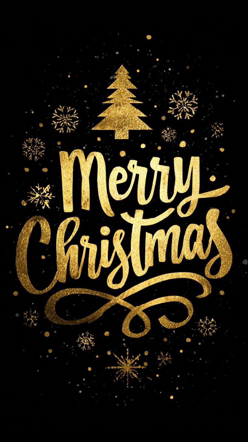6黑色背景，金色渐变字体 “Merry Christmas”，周围有飘落的雪花特效，字体下方有小圣诞树图案 --ar 9:16 --v 7 --stylize 100 --fast --no 水印