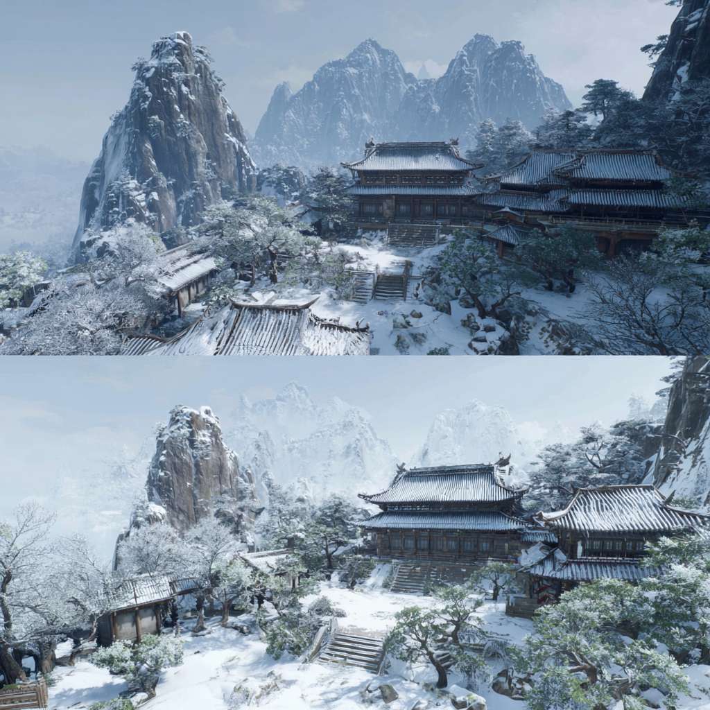 虚幻引擎5.5版本中，华山派场景的白盒参考图 --ar 1:1 --v 7 --stylize 100 --fast --no 水印