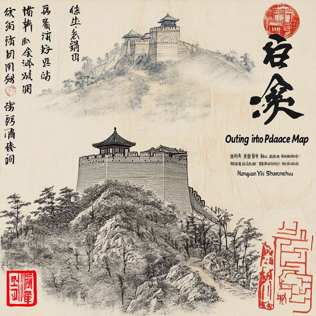 [ 怀柔长城箭垛造型 | 燕山褶皱肌理 | 雁栖湖水波纹 | 明代《出警入跸图》驿道意象 ]
视觉系统：
字形设计：特邀书法家创作"南关簃"三字，采用明代台阁体骨架融合敦煌写经笔意，墨色中隐现怀柔板栗色渐变

图形符号：
负形构成箭垛轮廓
水墨皴染表现燕山褶皱
金色线条勾勒雁栖湖水系
右下角钤"山厨"铁线篆藏书印
色彩体系：
主色：霁蓝（取自明青花瓷）
辅色：栗壳棕（怀柔特产）
点缀：松花绿（燕山植被）上述要求设计出以文字为主logo标志 --ar 1:1 --v 6.1 --stylize 100 --fast