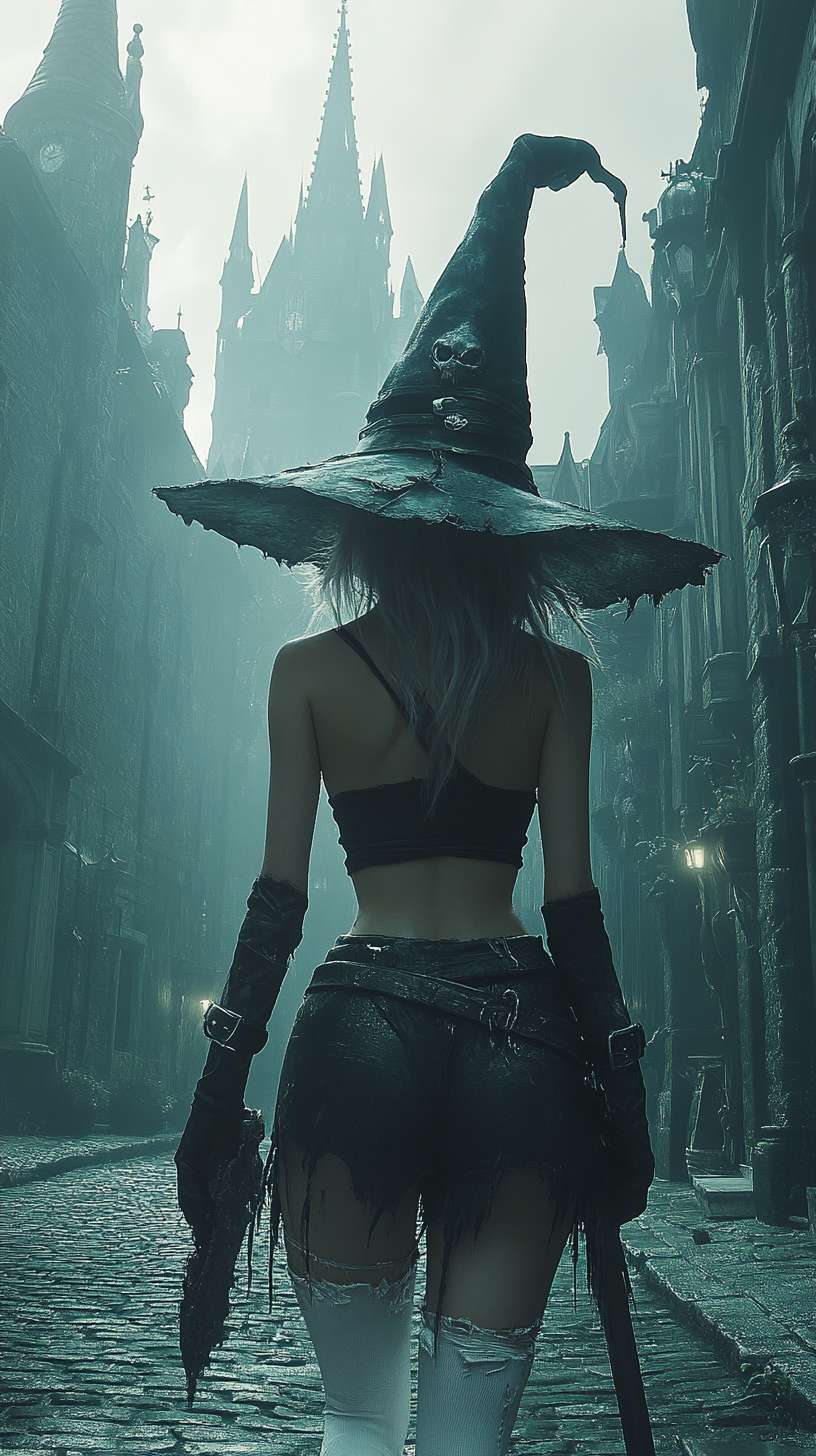 The picture is extremely desaturated, with a white girl in a retro wizard costume, delicate features, a large, worn wizard hat, snow-white skin, a torn black tube top, prominent collarbones, slender legs, torn white stockings, dark fantasy style, and a mysterious symbol on the belt. Night scene, with a Gothic castle and towering spires behind her, in a gloomy ancient city, in an old cobblestone alley filled with fog. High details --ar 9:16 --v 6.1 --stylize 250 --fast