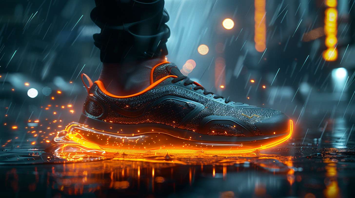 ultra-realistic sneaker live stream background, matte carbon fiber texture in abyss black (#0D0D11), geometric shards of brushed antique gold (#C5A467), **slightly brighter graphite gray platform (#2A2A30) at center**, neon orange (#FF5E00) underlighting beneath shoe silhouette, cinematic rim light (#E4C586) outlining sneaker, dynamic motion blur lines converging to center, abstract champion trophy wireframe in dark gold (#8C784A), no human figures, luxury sport aesthetic, studio lighting with spotlight on product, 8k detail --ar 16:9 --v 6.0 --style raw --stylize 800 --fast
