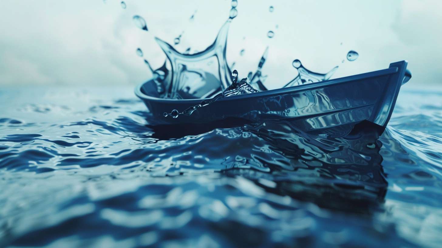 Glass boat floating in ink ocean, reflection shows smartphone sinking, surreal style, no text --ar 16:9 --v 6 --stylize 100 --fast