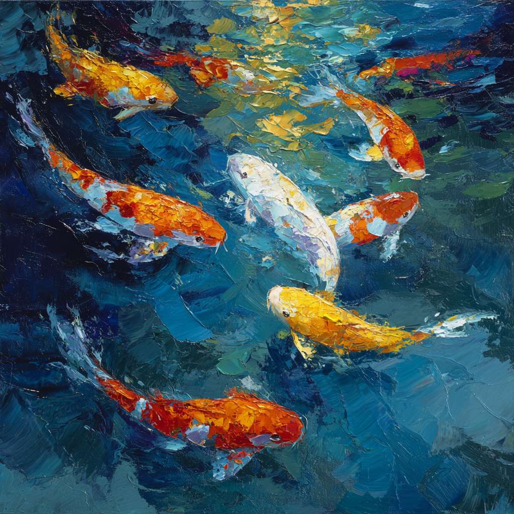 Dynamic blue sea interlaced with 五彩光影 and swimming koi, brushwork blending styles, lively abstract oil. --ar 1:1 --v 7 --stylize 100 --fast --no 水印