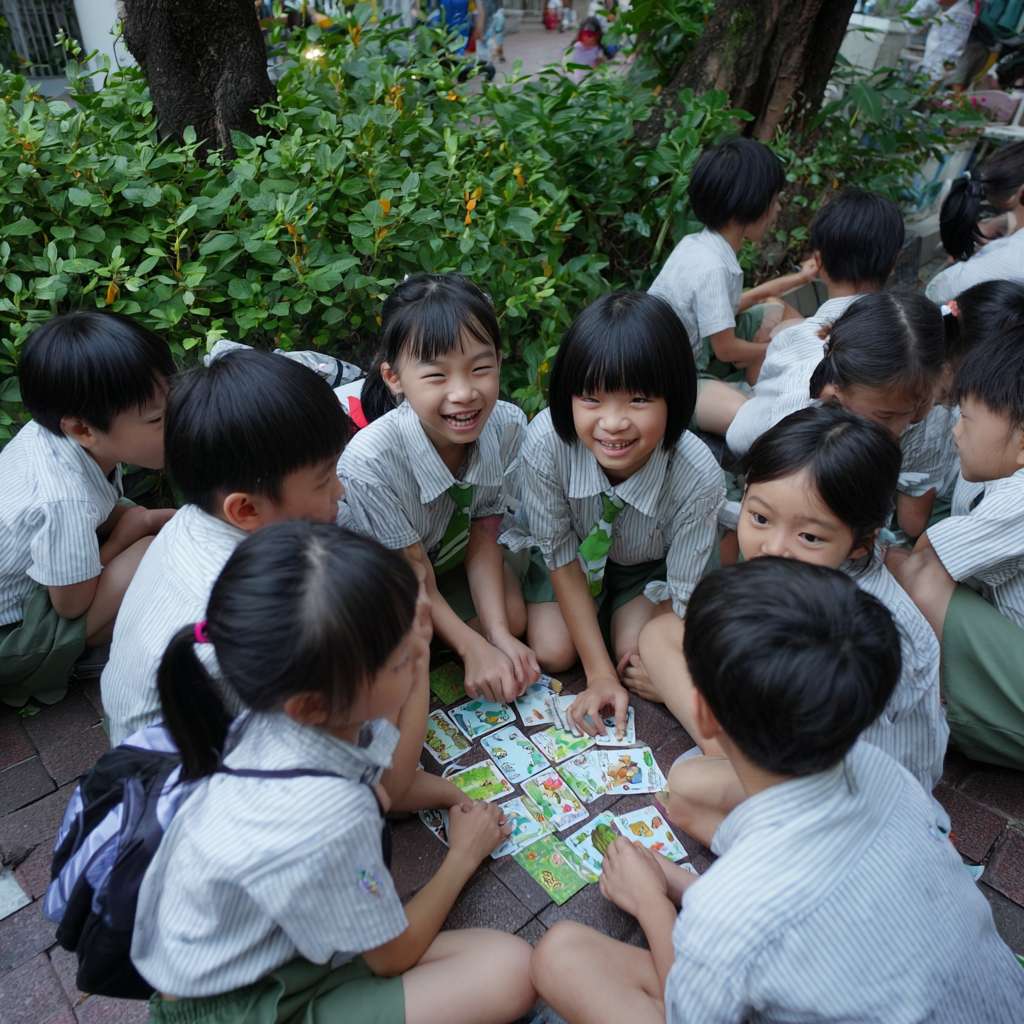 一班小六穿校服的學生們在校園裡圍成一個半圓形，以瀕危動物為主題，學生們一起遊玩瀕危動物圖案的卡牌遊戲 --ar 1:1 --v 7 --stylize 100 --fast --no 水印