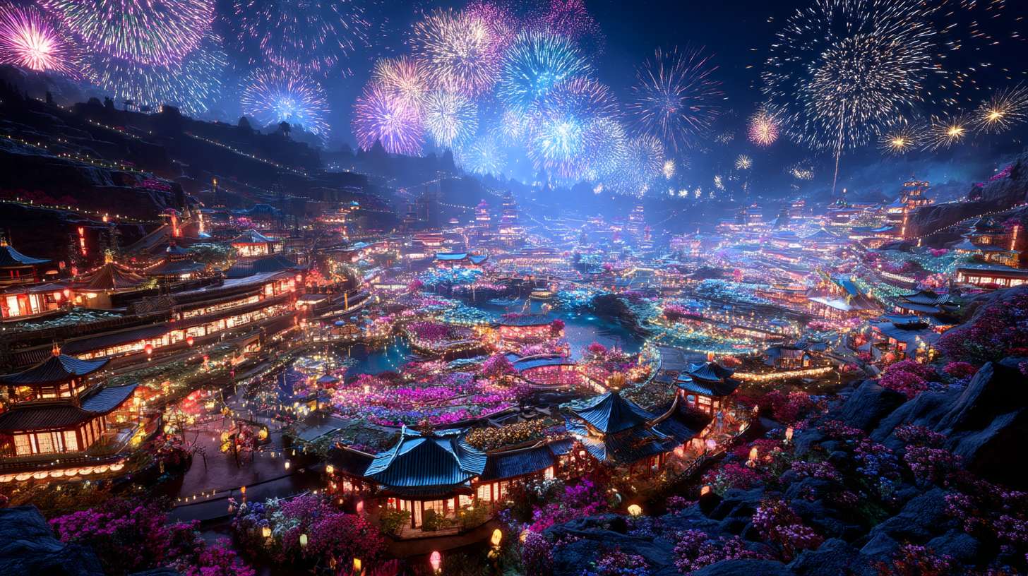 Unreal Engine 5 rendering, in this awe-inspiring scene of the ancient Luoyang Flower Festival, the composition centers on a vast sea of blooming peonies, surrounded by ancient-style pavilions, buildings, and winding corridors adorned with countless red lanterns, while the night sky is continuously lit up by colorful fireworks, the foreground features a celebrating crowd dressed in elegant Hanfu singing and dancing, the middle ground includes traditional Chinese architecture such as eaves-cornered pavilions, and the background blends deep blue starry skies with brilliant fireworks, in terms of color, vibrant reds, golds, and greens dominate, symbolizing luck and wealth, with the pink and white of the flowers sharply contrasting with the warm yellow of the lanterns, and the multicolored lights of the fireworks adding dynamic color variations, the lighting effects are exquisitely detailed, the soft glow from the lanterns casts warm shadows on people's faces and the ground, while the explosive flashes of fireworks create dazzling halos, contrasting with the cool moonlight to enhance the image's depth and dynamism, the entire scene is bustling and lively, with lanterns swaying gloriously, fireworks sparkling brilliantly, and the crowd cheering incessantly, as if transporting the viewer into a dreamlike ancient prosperous era filled with the charm of Chinese elements. --ar 16:9 --v 7 --c 20 --quality 4 --stylize 100 --fast