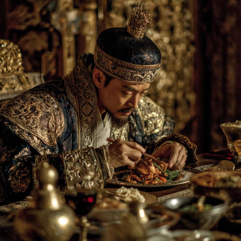 皇上吃饭吃的特别美味 --ar 1:1 --v 7 --stylize 100 --fast --no 水印