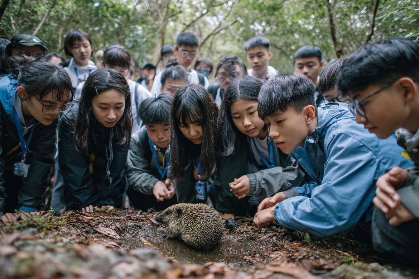 一班大學生圍成一個半圓形，中間是穿山甲、老虎、水獺、熊貓、飛鼠、龜等等的瀕危物種，讓學生們看起來像是在觀察和觸摸動物 --ar 3:2 --v 7 --stylize 100 --fast --no 水印