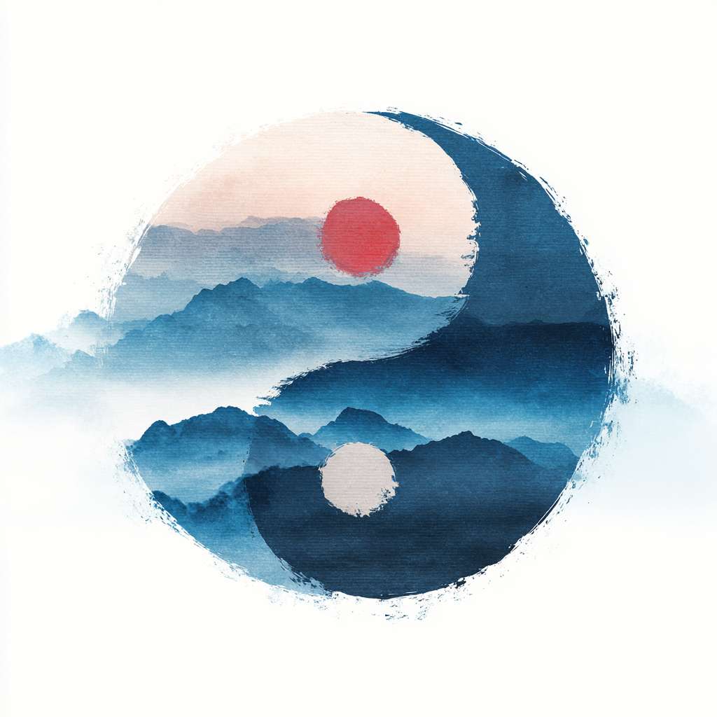 机翻 · 通用领域
The circular logo adopts the traditional Chinese ink Tai Chi symbol (not a circle), with alternating shades of blue, black, and white. It is surrounded by a hazy silhouette of a blue mountain range, with a red dot in the center and a pure white background. It has a Zen style, simple design, no text, no watermark, high resolution, vector graphics, and white space at the edges of the image. Pay attention to the artistic conception of the image, and have a combination of movement and stillness --ar 1:1 --v 7 --stylize 100 --fast --no 水印