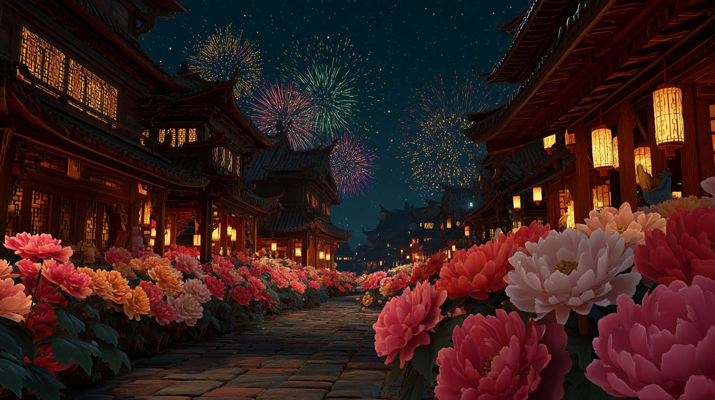 Unreal Engine 5 rendering, in this awe-inspiring scene of the ancient Luoyang Flower Festival, the composition centers on a vast sea of blooming peonies, surrounded by ancient-style pavilions, buildings, and winding corridors adorned with countless red lanterns, while the night sky is continuously lit up by colorful fireworks, the foreground features a celebrating crowd dressed in elegant Hanfu singing and dancing, the middle ground includes traditional Chinese architecture such as eaves-cornered pavilions, and the background blends deep blue starry skies with brilliant fireworks, in terms of color, vibrant reds, golds, and greens dominate, symbolizing luck and wealth, with the pink and white of the flowers sharply contrasting with the warm yellow of the lanterns, and the multicolored lights of the fireworks adding dynamic color variations, the lighting effects are exquisitely detailed, the soft glow from the lanterns casts warm shadows on people's faces and the ground, while the explosive flashes of fireworks create dazzling halos, contrasting with the cool moonlight to enhance the image's depth and dynamism, the entire scene is bustling and lively, with lanterns swaying gloriously, fireworks sparkling brilliantly, and the crowd cheering incessantly, as if transporting the viewer into a dreamlike ancient prosperous era filled with the charm of Chinese elements. --ar 16:9 --v 7 --c 20 --quality 4 --stylize 100 --fast