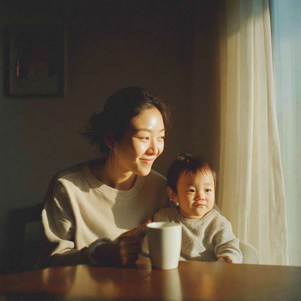 温暖柔光的室内清晨，一位 28 岁左右的亚洲女性，侧脸坐在餐桌旁，左手轻抚一只白色马克杯，右手自然搭在身旁的婴儿椅背上，窗外淡金色阳光透过纱帘落在她肩头，形成一圈柔晕；她嘴角带着浅笑，眼神却隐约望向窗外，仿佛在等待或思索；整体色调奶油+暖白，胶片质感，浅景深，f1.8，35 mm，Sony A7III，cinematic, cozy, subtle melancholy, ultra-sharp focus on eyes --ar 1:1 --v 7 --stylize 100 --fast --no 水印