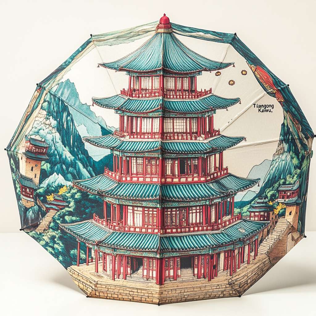 4. 包装解决方案
• 伞套：杜邦纸材质印刷《天工开物》插画，可展开作为海报
• 伞柄：磁吸式结构，倒置时可拼接成微型建筑模型（参考应县木塔榫卯）

5. 成本控制建议
• IP优先应用在伞面内侧（开伞时形成沉浸式视觉）
• 科技功能做模块化选配（基础款/智能款价格分层） --ar 1:1 --v 6.1 --stylize 100 --fast