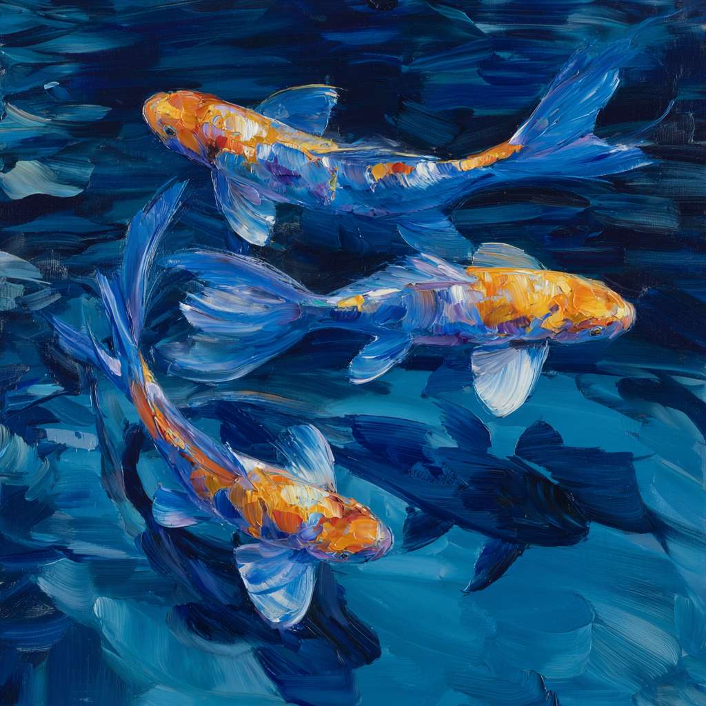 Dreamy depths in cobalt blue, iridescent light and agile koi, expressive strokes for motion, abstract. --ar 1:1 --v 7 --stylize 100 --fast