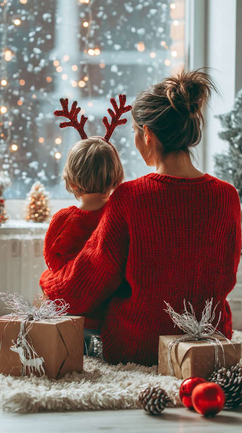 1温馨家庭客厅，暖黄色灯光，圣诞装饰盒散落，妈妈穿红色毛衣，孩子戴鹿角发箍，窗外飘雪，写实风格，8K --ar 9:16 --v 7 --stylize 100 --fast --no 水印