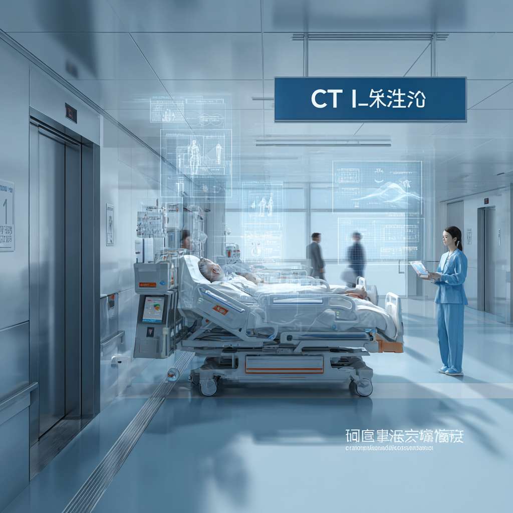 现代医院ICU走廊场景，科技感，浅蓝色调，整洁明亮。一名重症患者躺在智能移动床上，床体配备激光雷达和传感器，正在自动导航。一名护士手持平板电脑远程监控。移动床正在避开一名路过的医生。背景有电梯和指示牌，显示“CT室”。空中悬浮全息投影显示生命体征和路径规划图。风格写实，细节精致，光线柔和，有医疗科技感。 --ar 1:1 --v 7 --stylize 100 --fast --no 水印