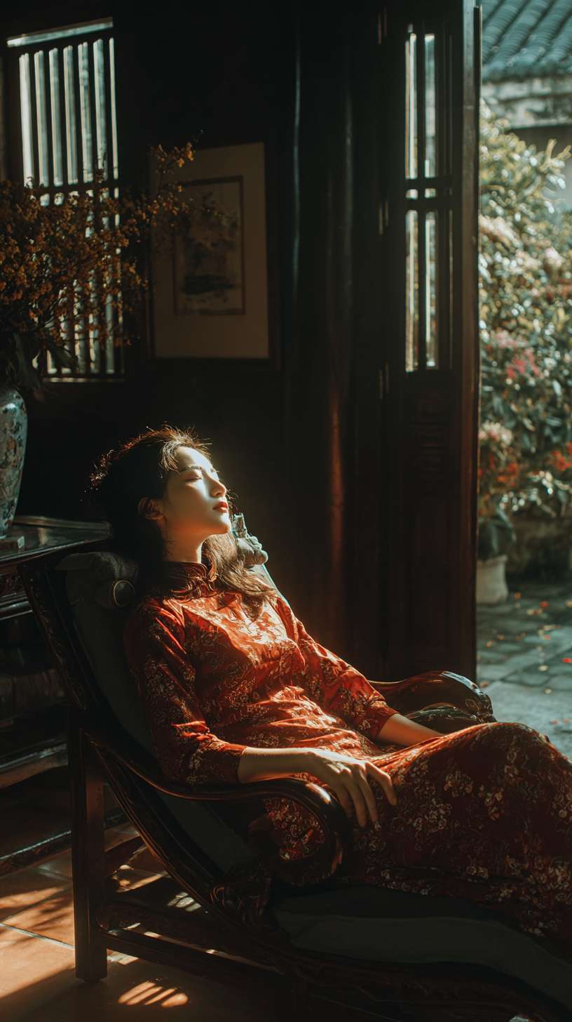 在一个白墙灰瓦的大理小院子里，一个美女在躺椅上悠闲的躺着晒太阳，院子里开满了花，望着远处苍山，感受院里下关风吹来的花瓣 --ar 9:16 --v 7 --stylize 100 --fast --no 水印