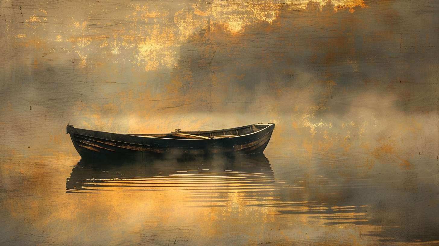 A solitary boat floating on a misty river at dawn, soft watercolor style, golden light reflecting on water ripples, minimalistic Zen aesthetic, empty boat symbolizing non-attachment, ethereal atmosphere, muted earth tones with subtle gold accents --ar 16:9 --v 6 --stylize 100 --fast