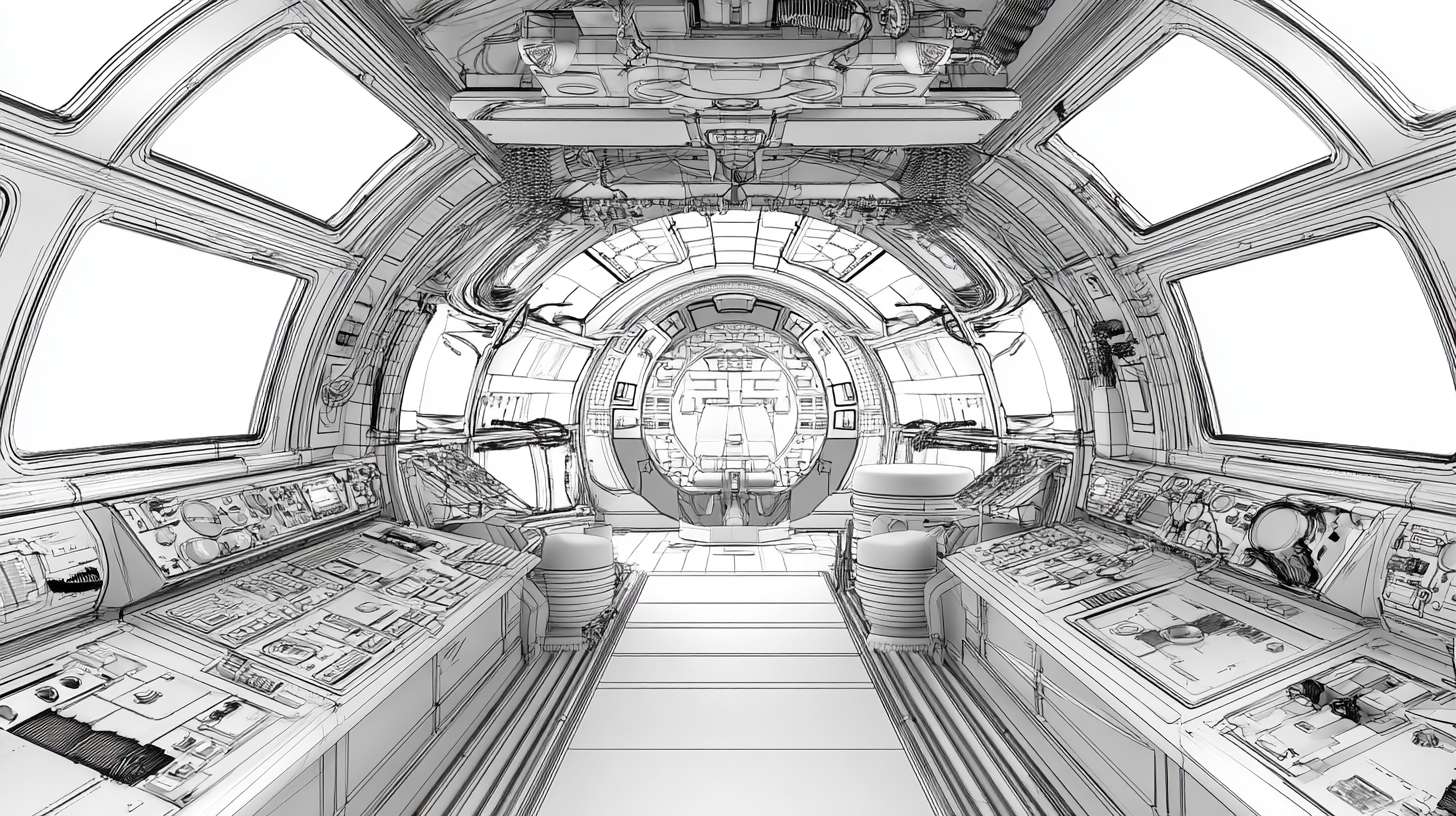 太空飞船，飞船舱内，立面图 --ar 16:9 --v 7 --stylize 100 --fast --no 水印