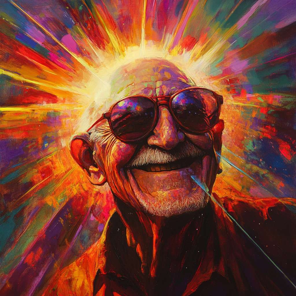 太阳公公微笑着，光芒四射，一束束光线以箭头的形式从太阳公公那里出发，颜色从红到紫逐渐变化，表示不同波长的光。 --ar 1:1 --v 6.1 --stylize 100 --fast
