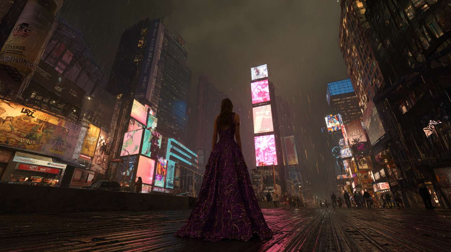 现代3D动画风格，在洛杉矶街道上的灯柱上，当时那里正下着毛毛雨。霓虹灯照在潮湿的柏油路上，一个金发女人穿着华丽的紫色长裙站在前方不远处正对着镜头 --ar 16:9 --v 7 --stylize 100 --fast --no 水印