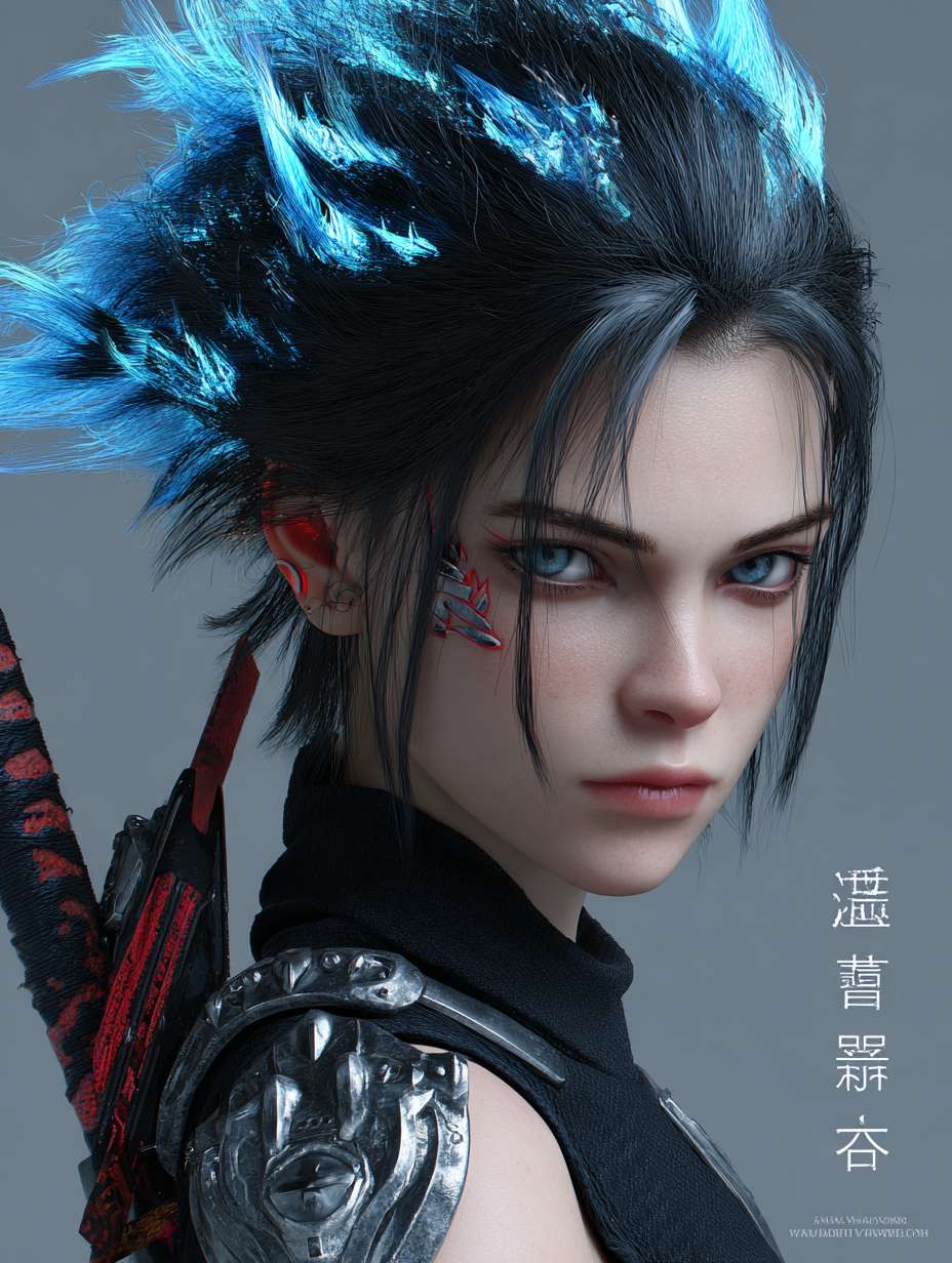 绘制一个男生要求如下头部设计：保留哪吒标志性的 “火焰感” 发型，黑色短发中挑染三缕明亮的蓝色火焰发丝，额前发丝微微上翘，模拟火焰飘动形态。左侧太阳穴处有一道银色机械接口，平时隐藏在发丝下，战斗时会弹出蓝色能量纹路，延伸至下颌。面部妆容简洁，仅在眼尾处用红色颜料绘制细小火焰图腾，眼神锐利，瞳孔在情绪激动时会泛出淡蓝色微光。
    上身设计：内搭黑色紧身速干衣，衣料上印有暗纹火焰图案。外覆银色分段式机械战甲，肩部装甲呈三角形，边缘有锯齿状设计（兼具防御与近战功能），装甲表面刻有红色古代符文（对应哪吒的 “混天绫” 元素。胸口是圆形能量核心，外层包裹透明合金罩，内部蓝色火焰状能量随呼吸起伏，核心下方印有 “云祥” 二字。双臂为可变形机械臂，，战斗时展开为银色机械结构，手掌心有凹槽，可凝聚火焰能量。
    下身设计：穿着黑色工装裤，裤腿侧边有拉链口袋，膝盖处装有黑色防撞护膝，护膝表面有蓝色电路纹路。腰部系着宽版黑色皮带，左侧挂着父亲遗留的摩托钥匙（金属材质，钥匙链是小型火焰吊坠），右侧挂着战术匕首（刀柄缠绕红色皮质绳，模拟混天绫质感）。脚部为黑色高帮机械战靴，靴底有防滑纹路，鞋跟处装有小型推进装置，靴筒外侧印有蓝色火焰标识。 --ar 3:4 --v 7 --stylize 100 --fast --no 水印