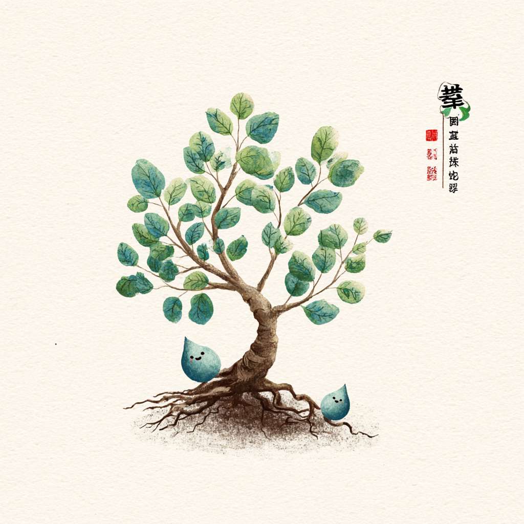 一棵矮胖的卡通大树，树干是棕色曲线，树枝向左右轻轻舒展，树叶是嫩绿色的小椭圆形（每片叶子都画个小笑脸）；树根部分不埋在土里，而是画成 “缠绕着小水滴” 的样子（水滴是蓝色半圆，带小波纹），代表 “道滋养自然”。简笔画 --ar 1:1 --v 7 --stylize 100 --fast --no 水印