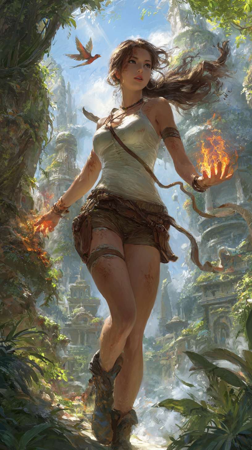 亚洲美少女身穿无袖连体紧身短皮装，皮肤白皙，大长腿着短靴，及腰长发随风飘扬，手中火球魔法，在热带雨林，背景宏伟的失落城市，飞行的鸟，树上挂着小青蛇，阳光从树叶的缝隙中射到地面。 --ar 9:16 --v 7 --stylize 100 --fast --no 水印