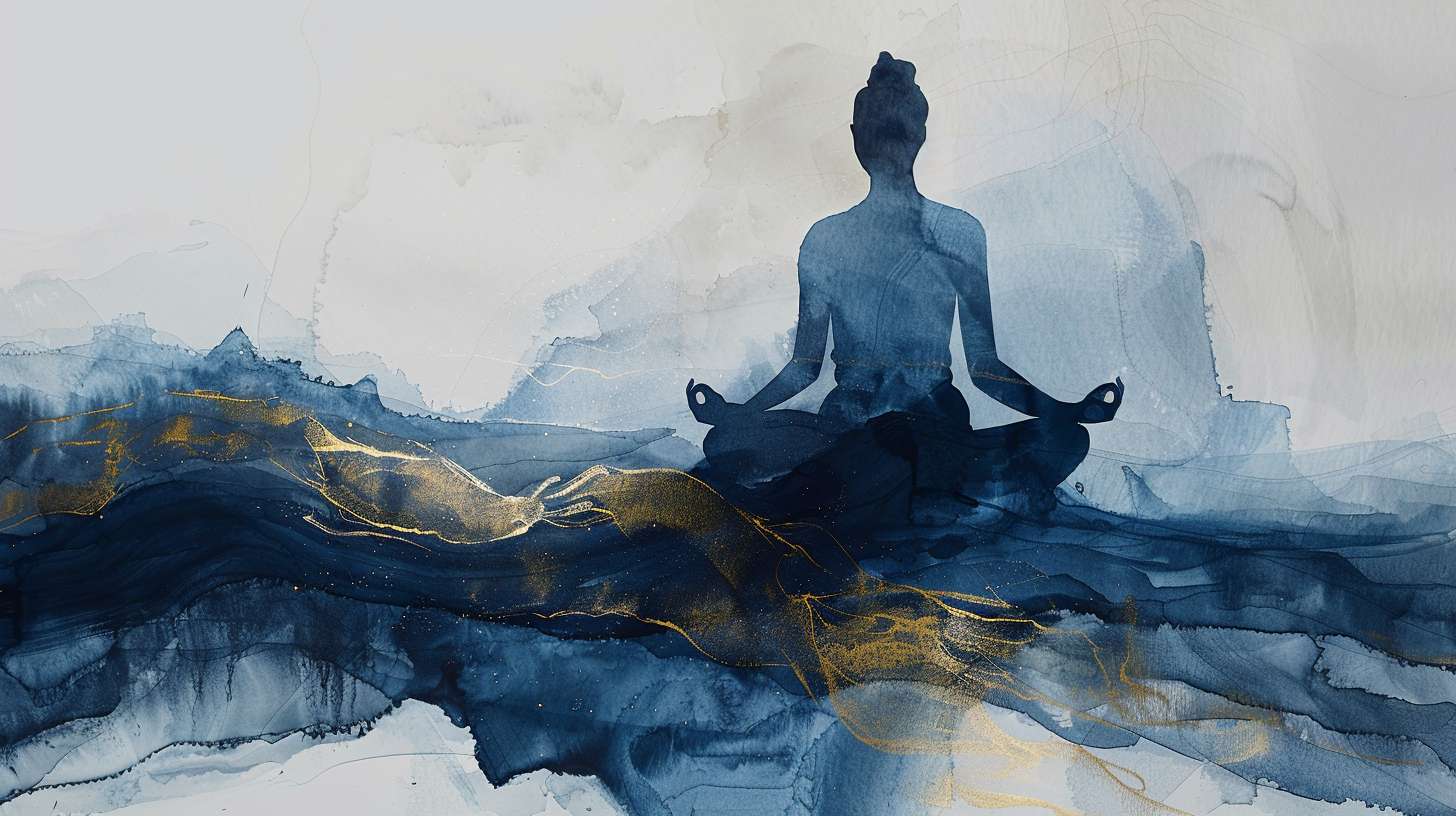 Abstract representation of mindfulness, flowing ink brush strokes forming a meditating figure, blending with nature elements, soft gradients of indigo and gold, symbolic of presence and awareness, wabi-sabi aesthetic with imperfect beauty --ar 16:9 --v 6 --stylize 100 --fast