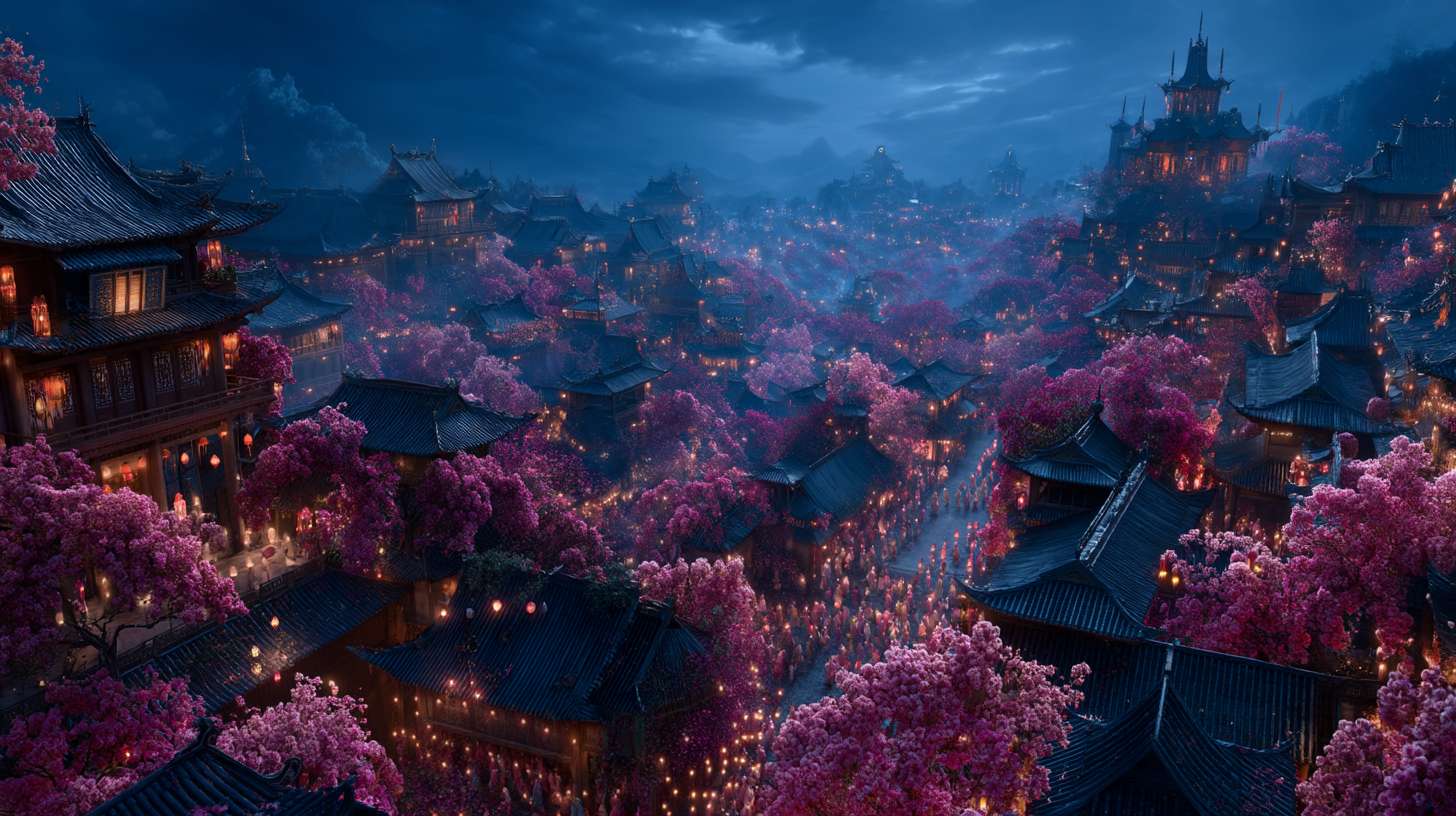 Unreal Engine 5 rendering, in this awe-inspiring scene of the ancient Luoyang Flower Festival, the composition centers on a vast sea of blooming peonies, surrounded by ancient-style pavilions, buildings, and winding corridors adorned with countless red lanterns, while the night sky is continuously lit up by colorful fireworks, the foreground features a celebrating crowd dressed in elegant Hanfu singing and dancing, the middle ground includes traditional Chinese architecture such as eaves-cornered pavilions, and the background blends deep blue starry skies with brilliant fireworks, in terms of color, vibrant reds, golds, and greens dominate, symbolizing luck and wealth, with the pink and white of the flowers sharply contrasting with the warm yellow of the lanterns, and the multicolored lights of the fireworks adding dynamic color variations, the lighting effects are exquisitely detailed, the soft glow from the lanterns casts warm shadows on people's faces and the ground, while the explosive flashes of fireworks create dazzling halos, contrasting with the cool moonlight to enhance the image's depth and dynamism, the entire scene is bustling and lively, with lanterns swaying gloriously, fireworks sparkling brilliantly, and the crowd cheering incessantly, as if transporting the viewer into a dreamlike ancient prosperous era filled with the charm of Chinese elements. --ar 16:9 --v 7 --c 20 --quality 4 --stylize 100 --fast