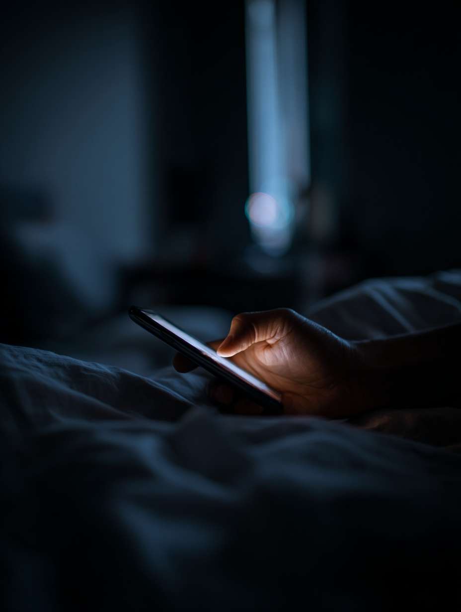 特写：深夜手机屏幕亮着，一只手烦躁滑动，背景是黑暗的房间（冷色调：灰蓝）比例 --ar 3:4 --v 7 --stylize 100 --fast --no 水印