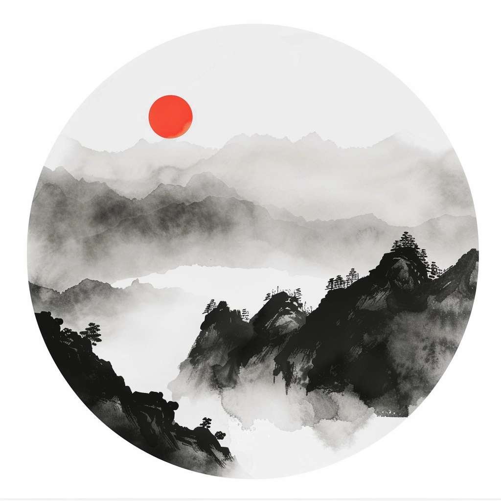 Chinese ink painting style, circular Tai Chi symbol, black and white with single red dot, surrounded by faint misty mountains, pure white background, minimalist Zen style, no text, no watermark --ar 1:1 --v 6 --style raw --stylize 100 --fast