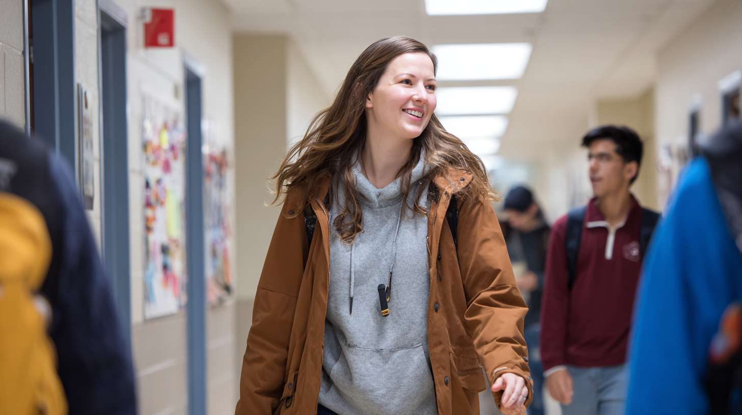 学校的走廊里，一个老师跟学生在聊天 --ar 16:9 --v 7 --stylize 100 --fast --no 水印